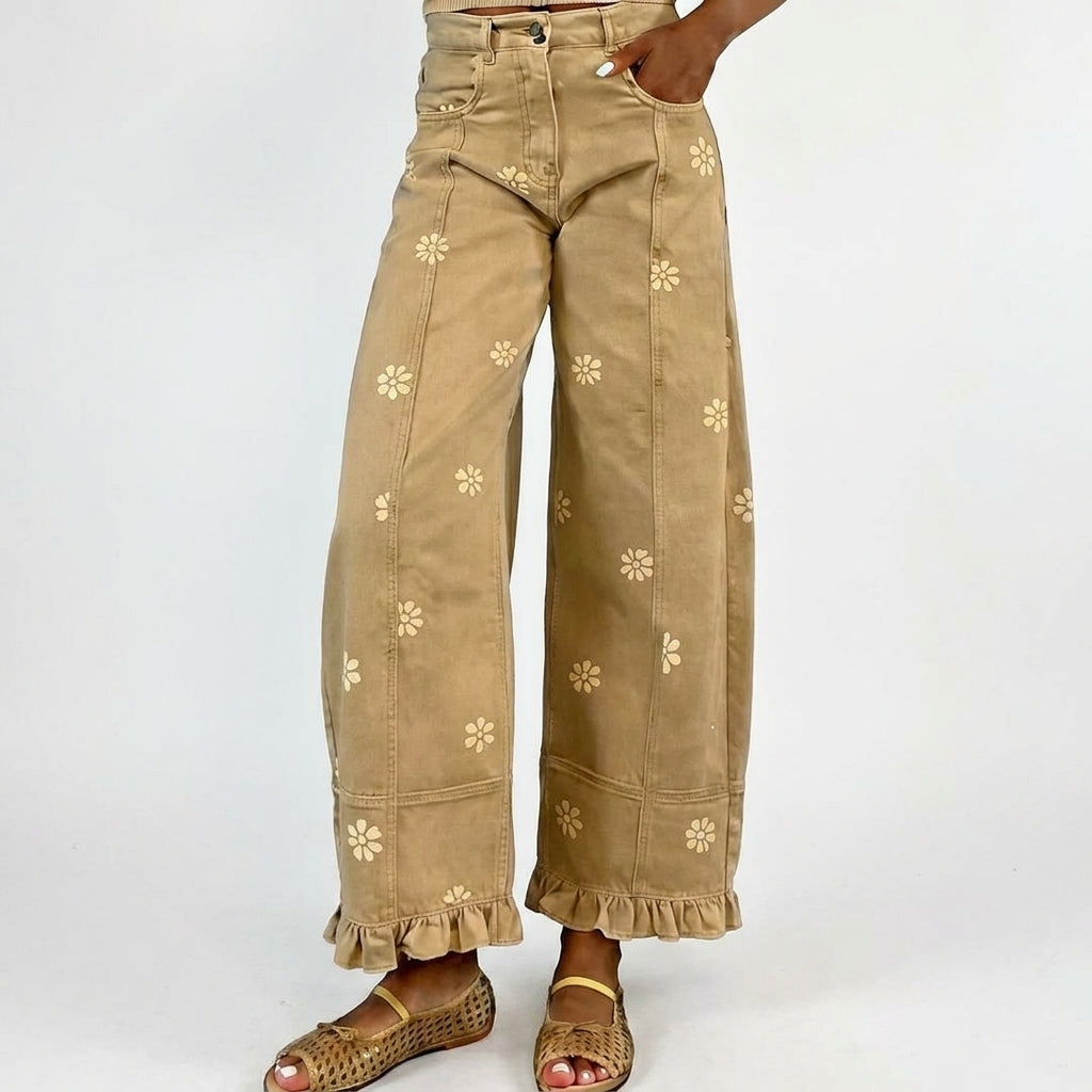 Floral-print Wide-leg Pants Loose-fitting Vintage-style Denim