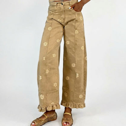 Floral-print Wide-leg Pants Loose-fitting Vintage-style Denim