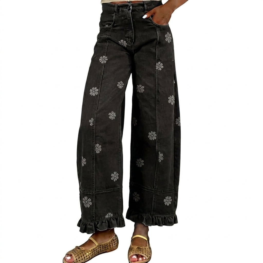 Floral-print Wide-leg Pants Loose-fitting Vintage-style Denim