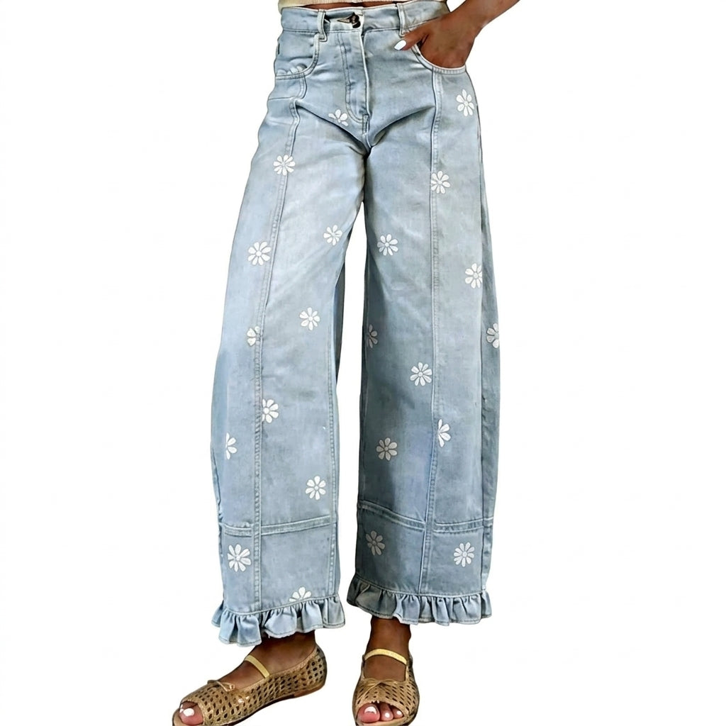 Floral-print Wide-leg Pants Loose-fitting Vintage-style Denim