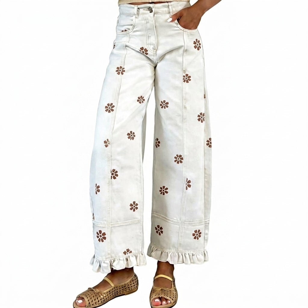 Floral-print Wide-leg Pants Loose-fitting Vintage-style Denim