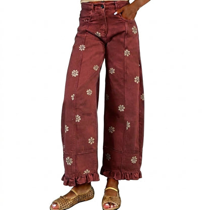 Floral-print Wide-leg Pants Loose-fitting Vintage-style Denim