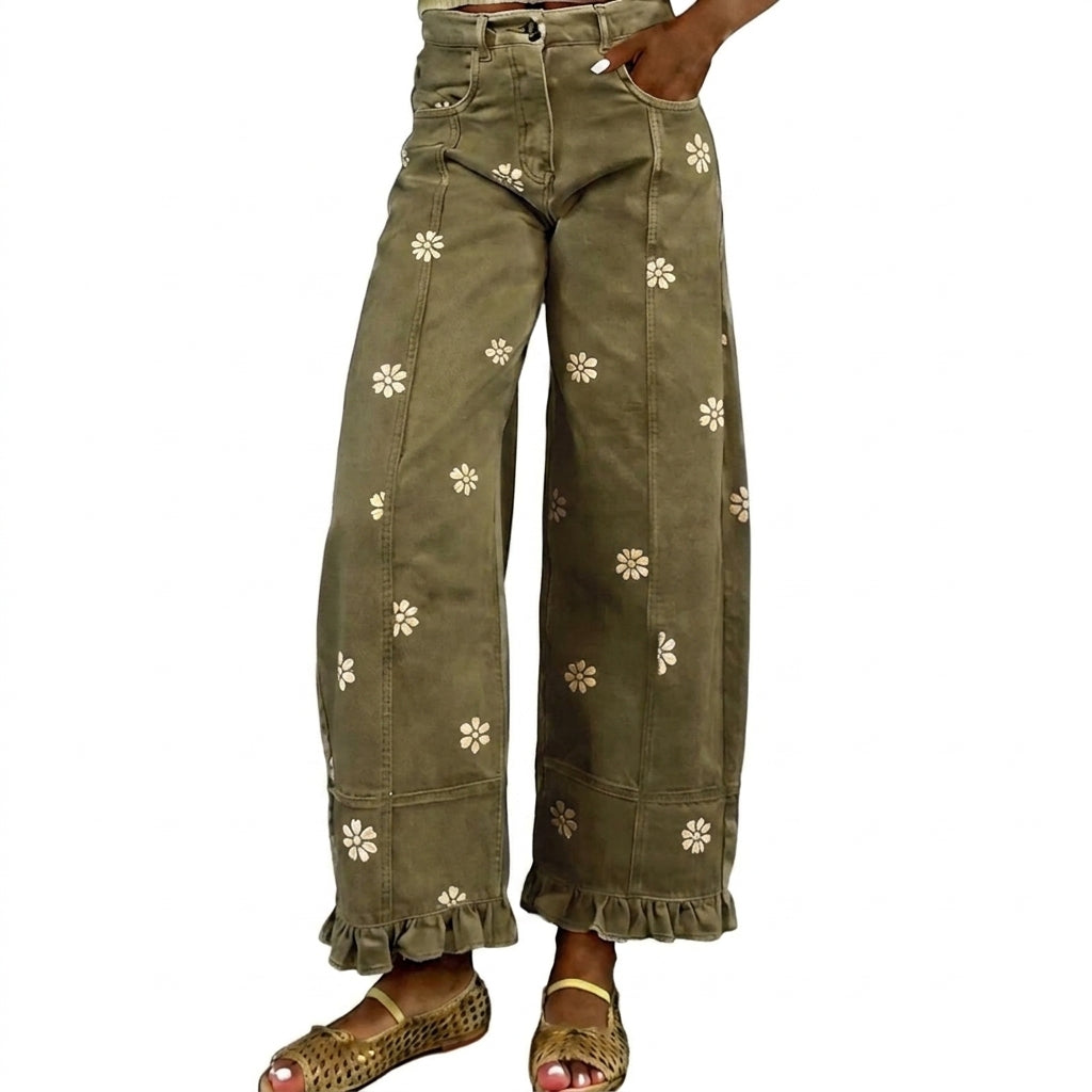 Floral-print Wide-leg Pants Loose-fitting Vintage-style Denim