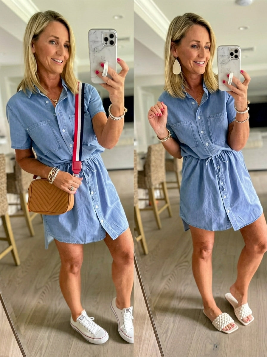 Women's Casual Denim Shirt Dress | Tie Waist Jean Dress