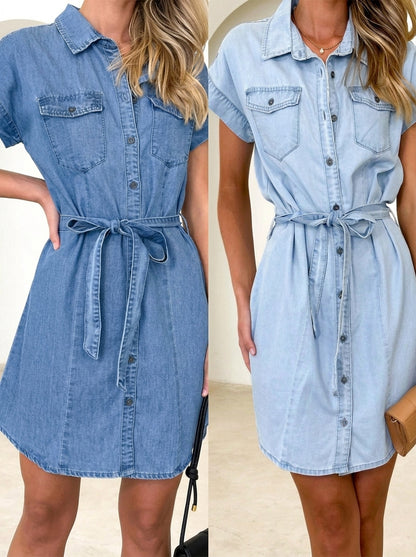 Women's Casual Denim Shirt Dress | Tie Waist Jean Dress